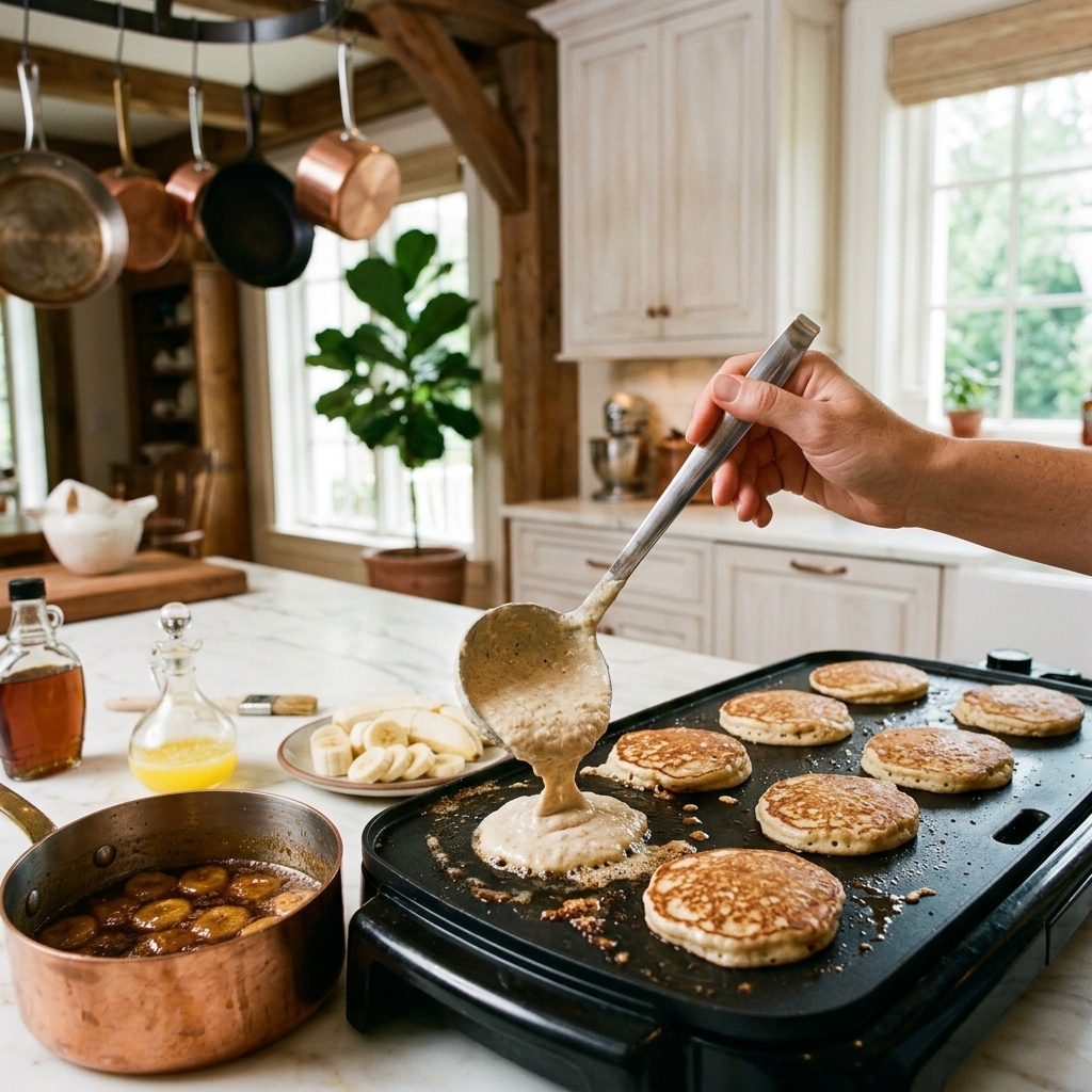 Home cook prepared steps for assembling and cooking Bananas Foster Skillet Cakes with Cinnamon Swirl Syrup.