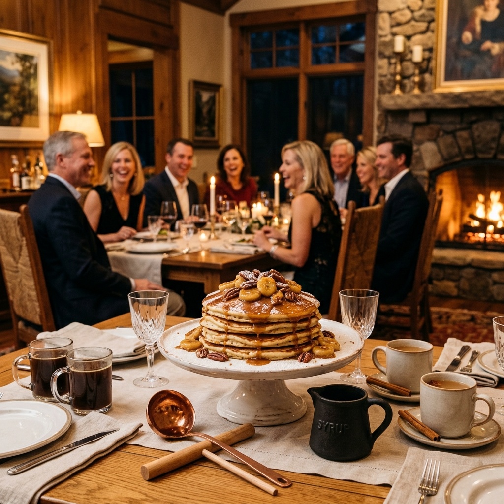 An appetizing, fresh serving of cooked Bananas Foster Skillet Cakes with Cinnamon Swirl Syrup displayed beautifully on a styled dining table.