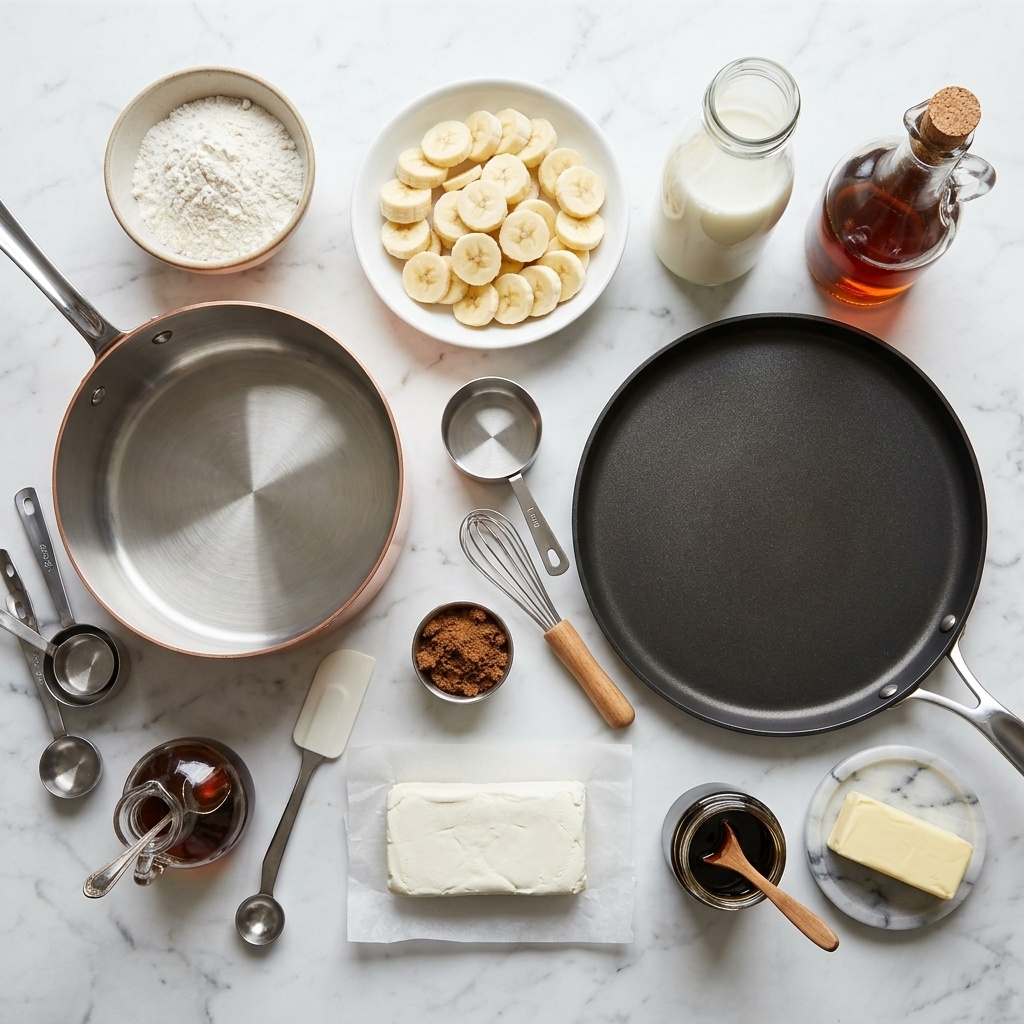 Raw cooking ingredients for Bananas Foster Skillet Cakes with Cinnamon Swirl Syrup arranged beautifully on a clean kitchen counter.