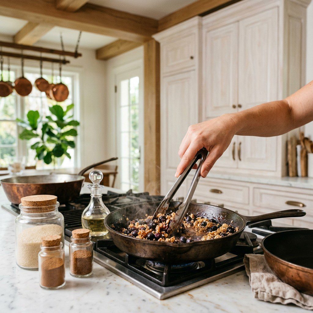 Home cook prepared steps for assembling and cooking Blueberry Crumble Parfaits.