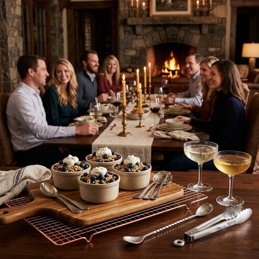 An appetizing, fresh serving of cooked Blueberry Crumble Parfaits displayed beautifully on a styled dining table.