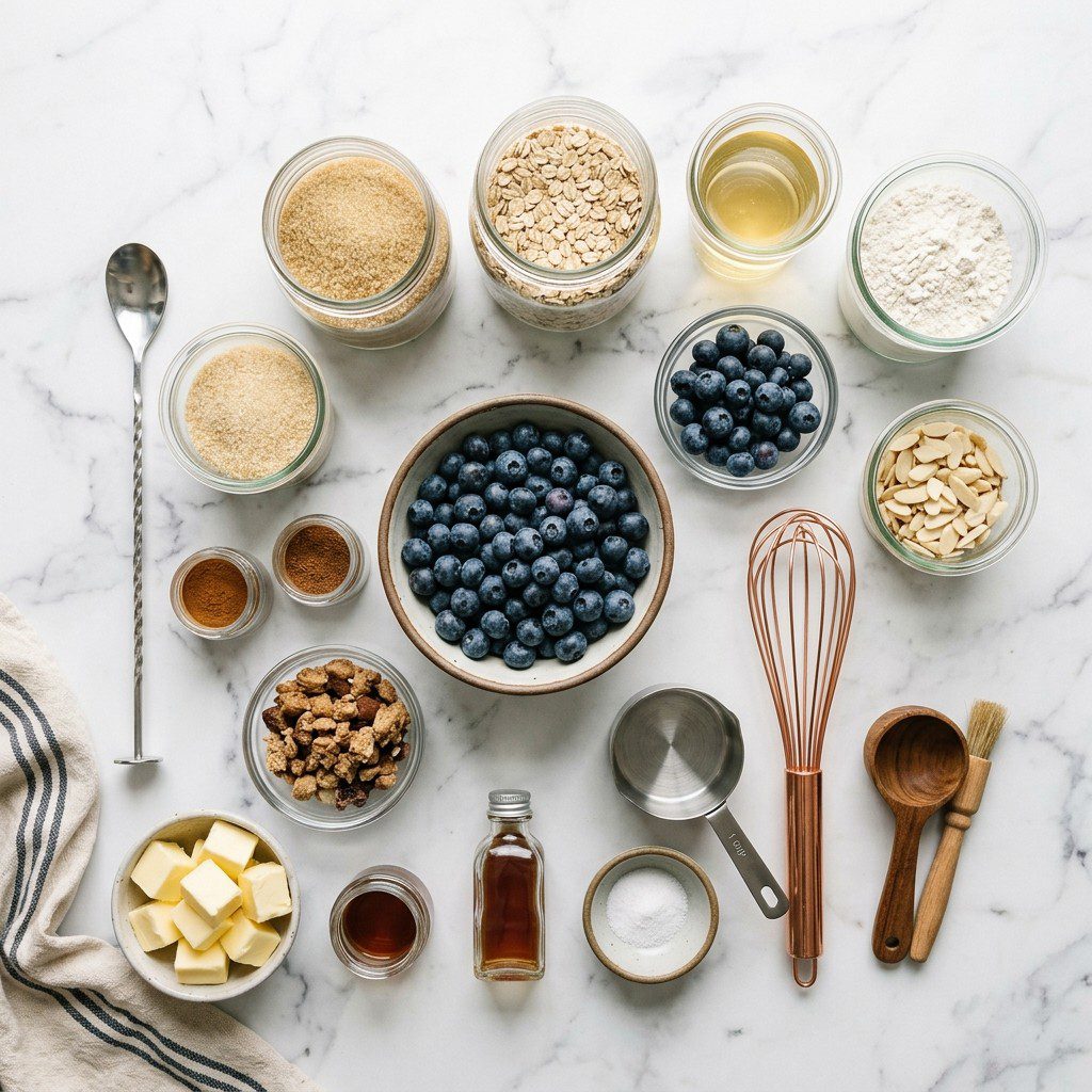 Raw cooking ingredients for Blueberry Crumble Parfaits arranged beautifully on a clean kitchen counter.