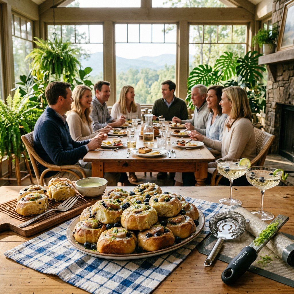 An appetizing, fresh serving of cooked Blueberry-Lime Breakfast Rolls displayed beautifully on a styled dining table.