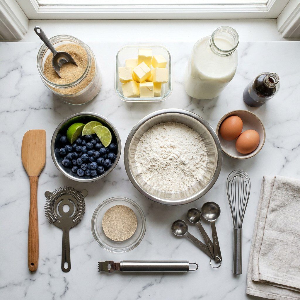 Raw cooking ingredients for Blueberry-Lime Breakfast Rolls arranged beautifully on a clean kitchen counter.