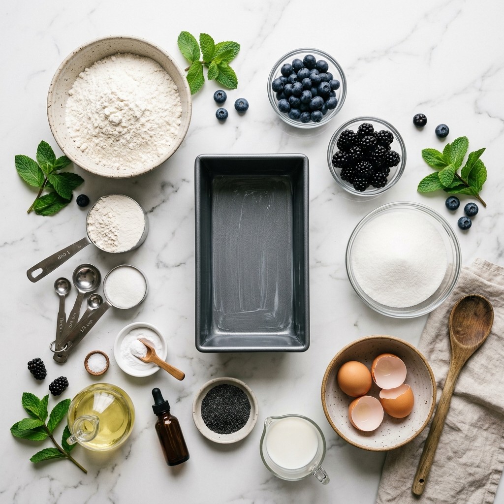Raw cooking ingredients for Blueberry Poppy Seed Loaf with Jammin' Berry Jam arranged beautifully on a clean kitchen counter.