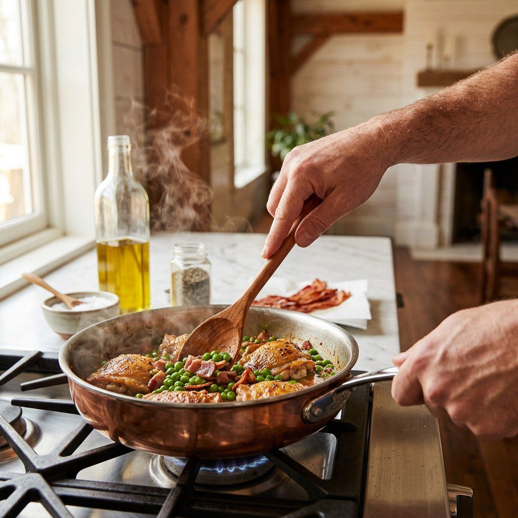 An active cooking step capturing the preparation and assembly of Braised Chicken Thighs with Sweet Peas and Bacon in the kitchen.