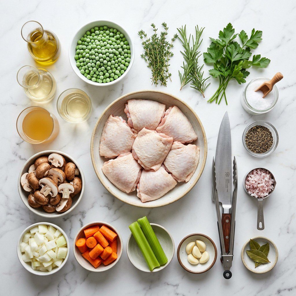 A fresh kitchen scene displaying the raw ingredients prepared for cooking Braised Chicken Thighs with Sweet Peas and Bacon.