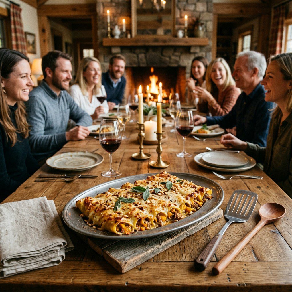 A gorgeous single-view lifestyle photo of freshly prepared Butternut Squash and Sausage Cannelloni with Pine Nuts and Sage.