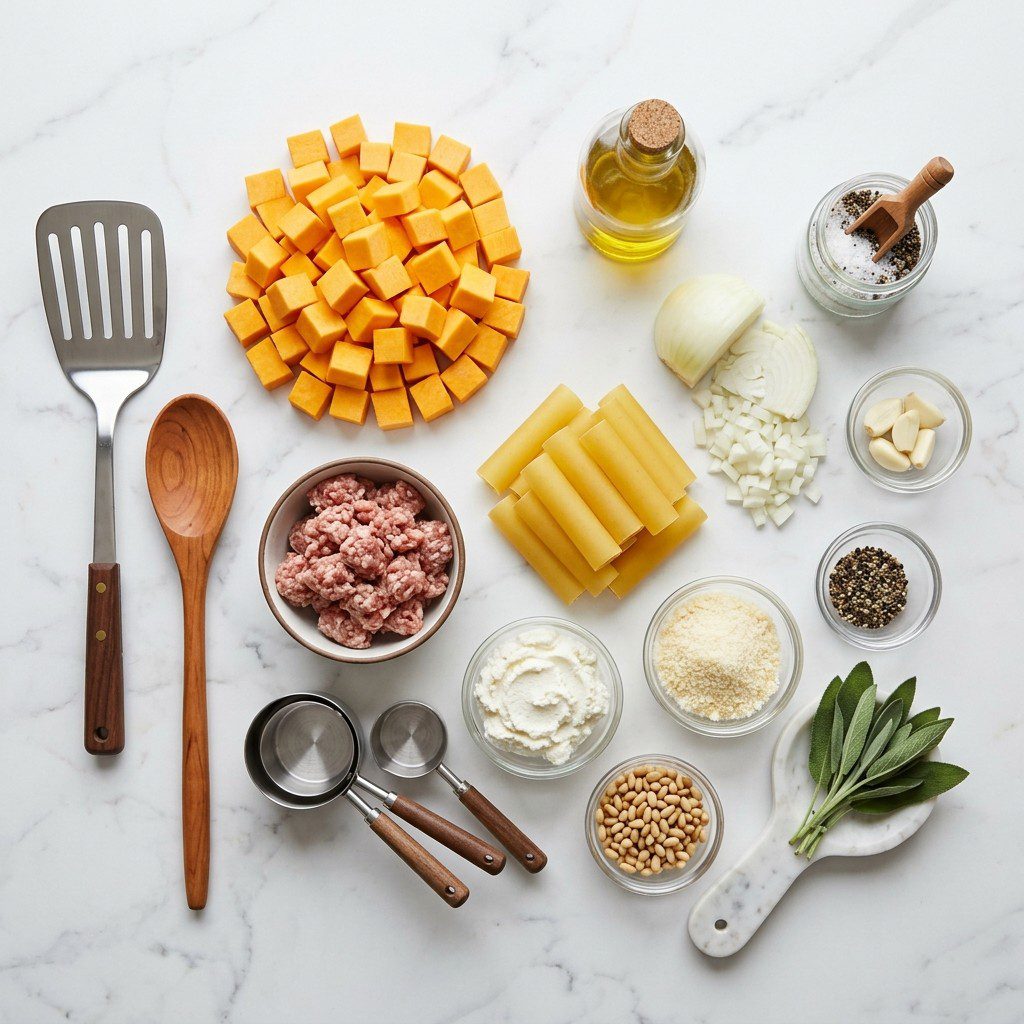 A fresh kitchen scene displaying the raw ingredients prepared for cooking Butternut Squash and Sausage Cannelloni with Pine Nuts and Sage.