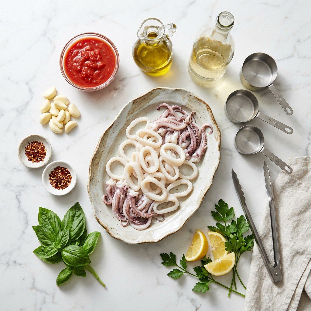 A fresh kitchen scene displaying the raw ingredients prepared for cooking Calamari Fra Diavolo.