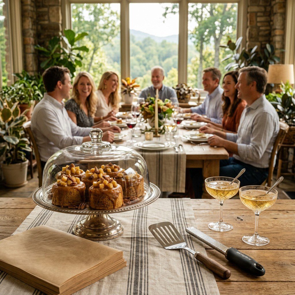 An appetizing, fresh serving of cooked Caramel Apple Cake Desserts displayed beautifully on a styled dining table.