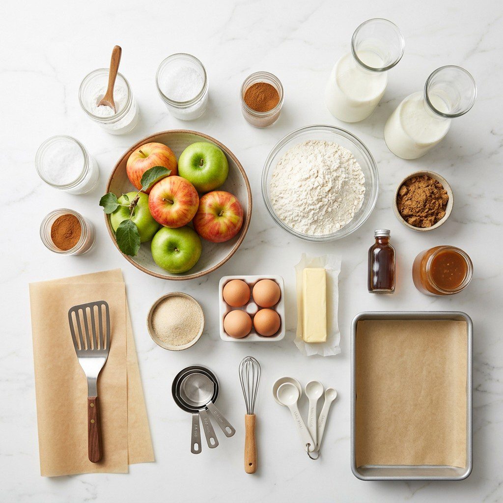 Raw cooking ingredients for Caramel Apple Cake Desserts arranged beautifully on a clean kitchen counter.