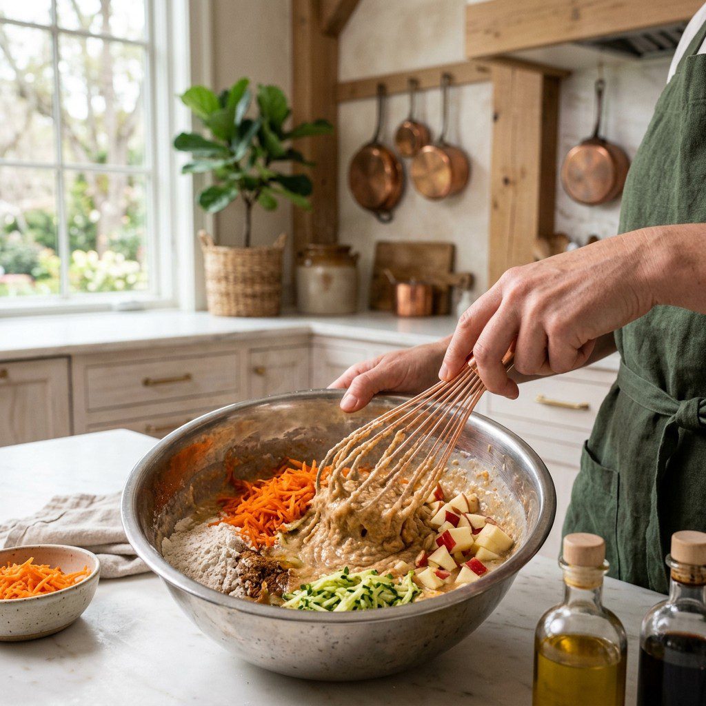 An active cooking step capturing the preparation and assembly of Carrot, Zucchini, and Apple Muffins in the kitchen.