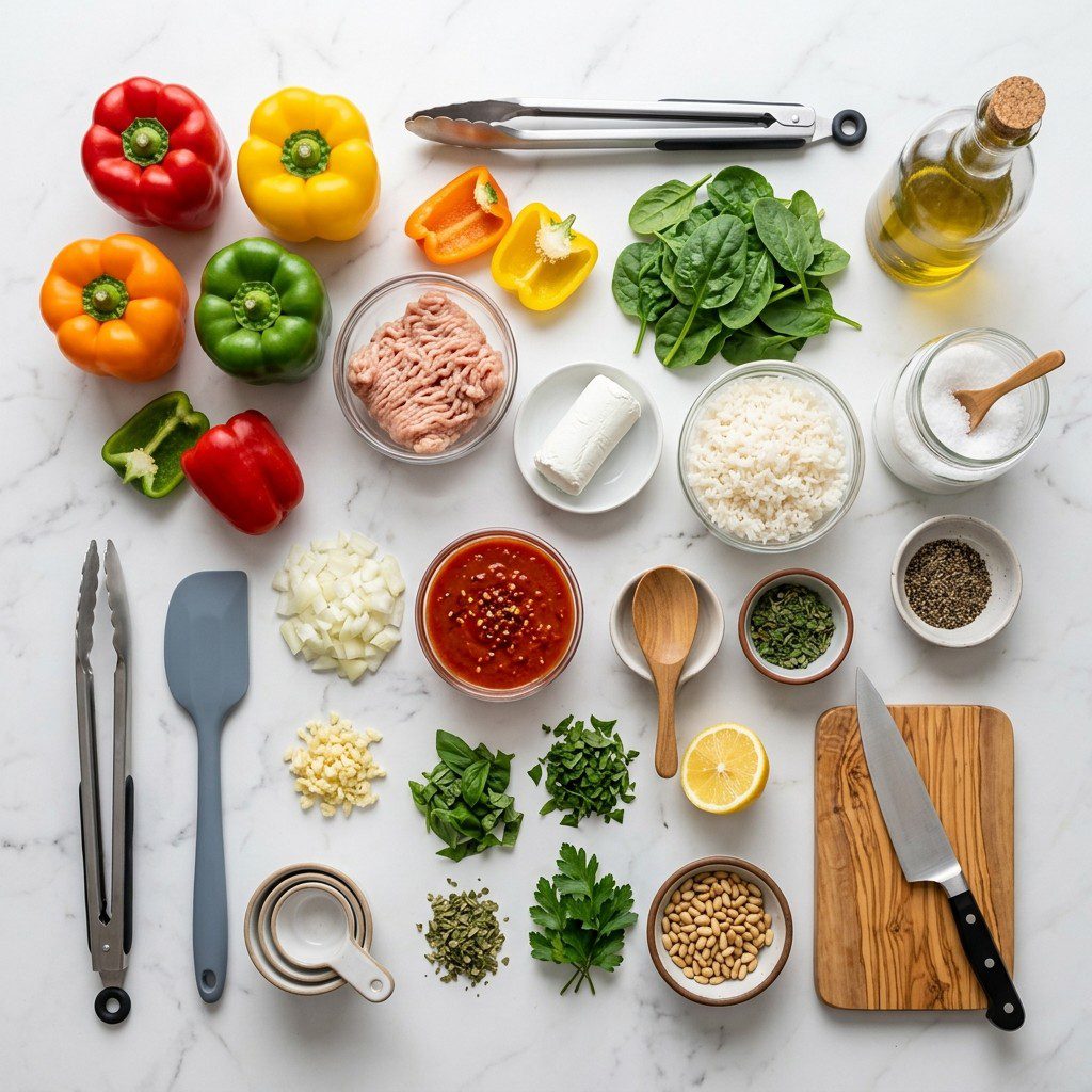 A fresh kitchen scene displaying the raw ingredients prepared for cooking Chicken and Goat Cheese Stuffed Peppers with Spicy Tomato Sauce.