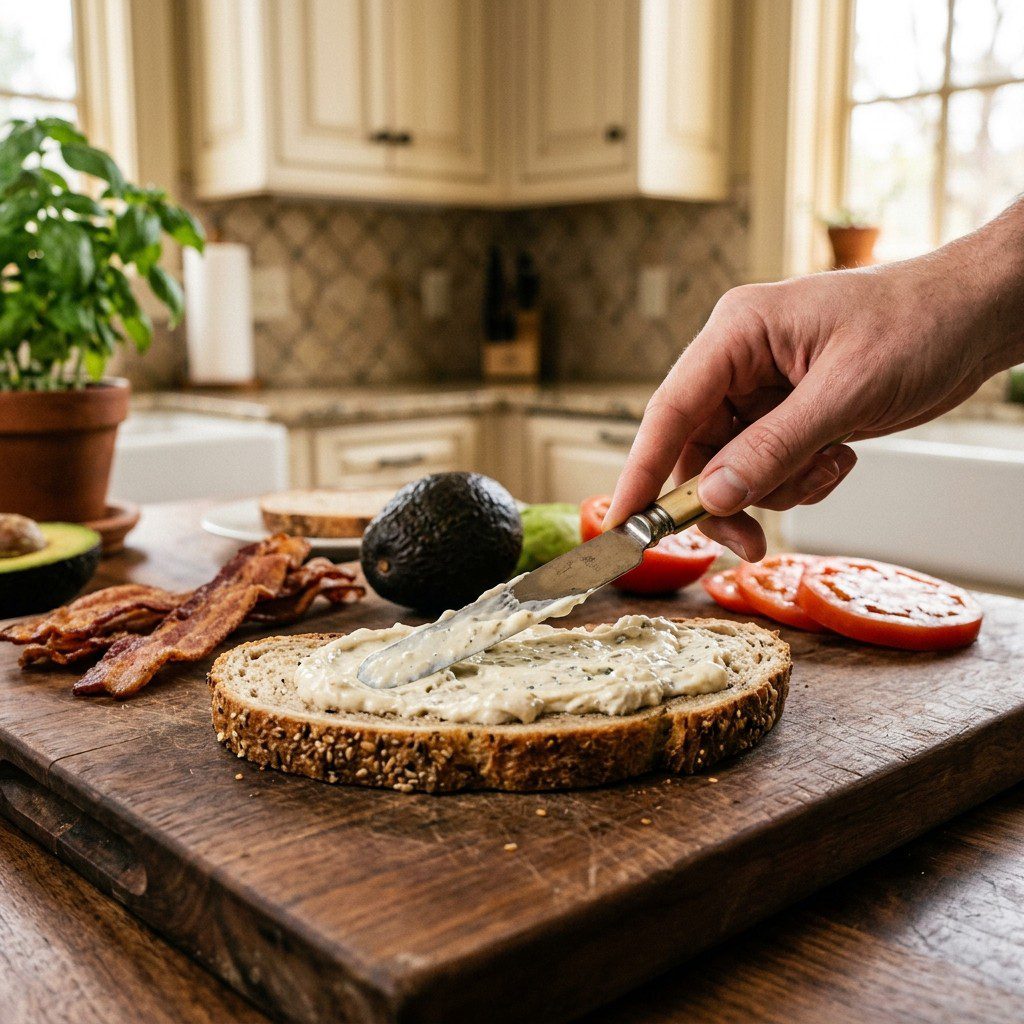 An active cooking step capturing the preparation and assembly of Chicken Cobb Club Sammies in the kitchen.