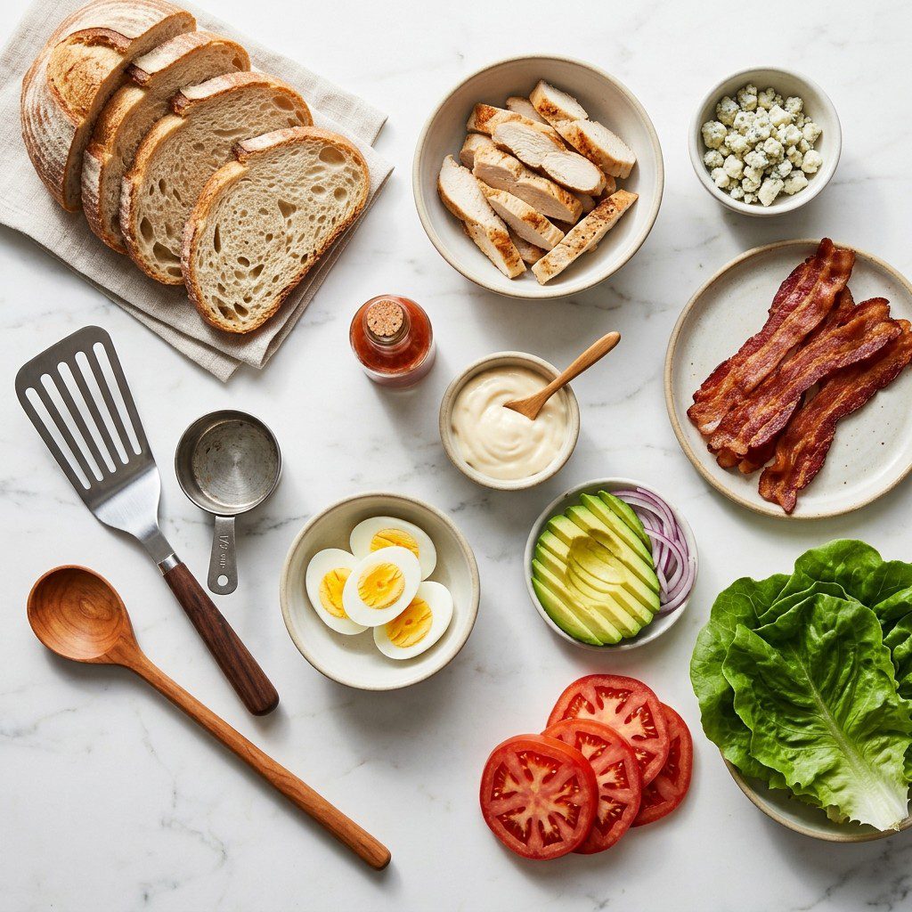 A fresh kitchen scene displaying the raw ingredients prepared for cooking Chicken Cobb Club Sammies.