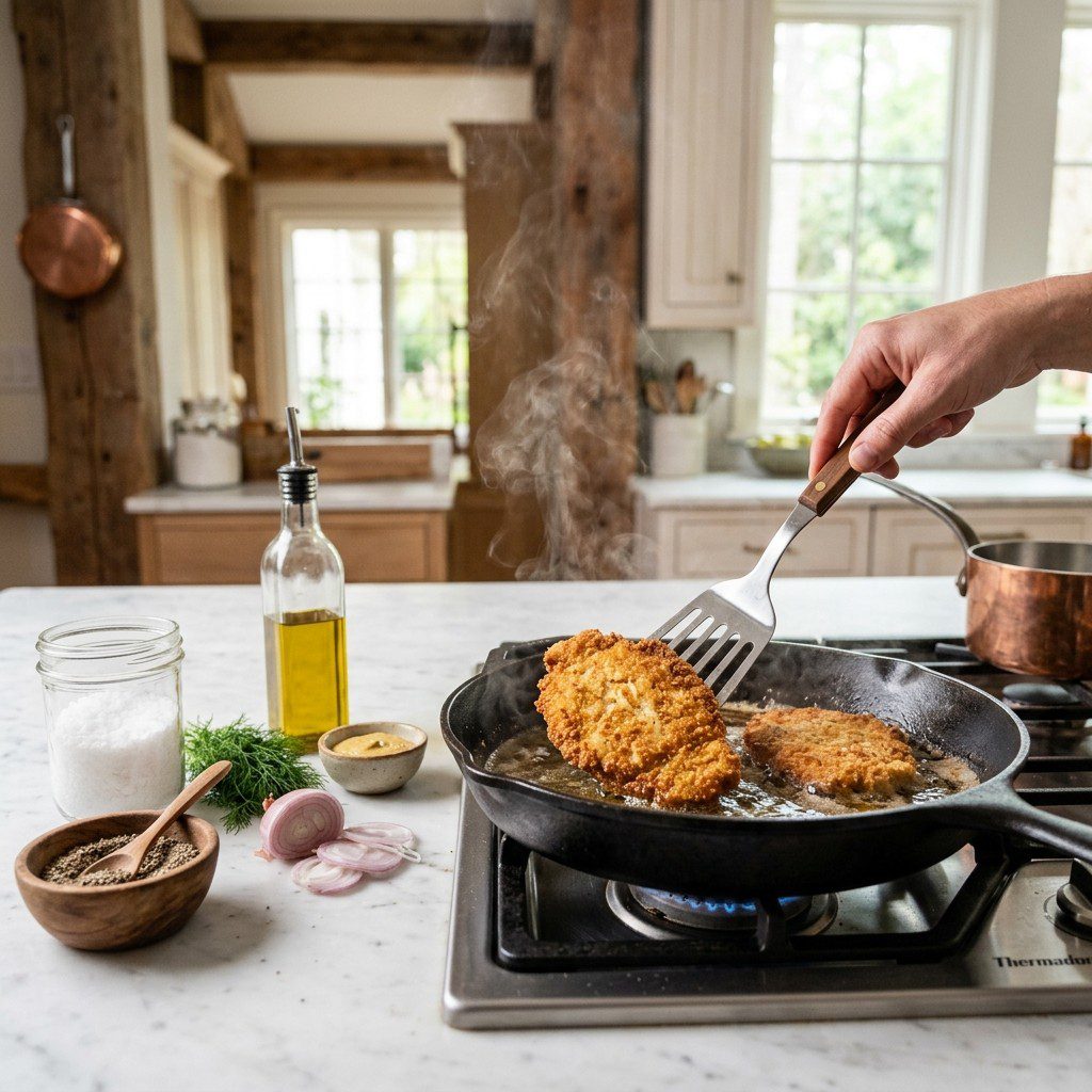 Home cook prepared steps for assembling and cooking Chicken Milanese with Zucchini, Arugula and Fennel Salad.