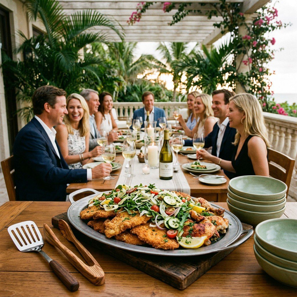 An appetizing, fresh serving of cooked Chicken Milanese with Zucchini, Arugula and Fennel Salad displayed beautifully on a styled dining table.