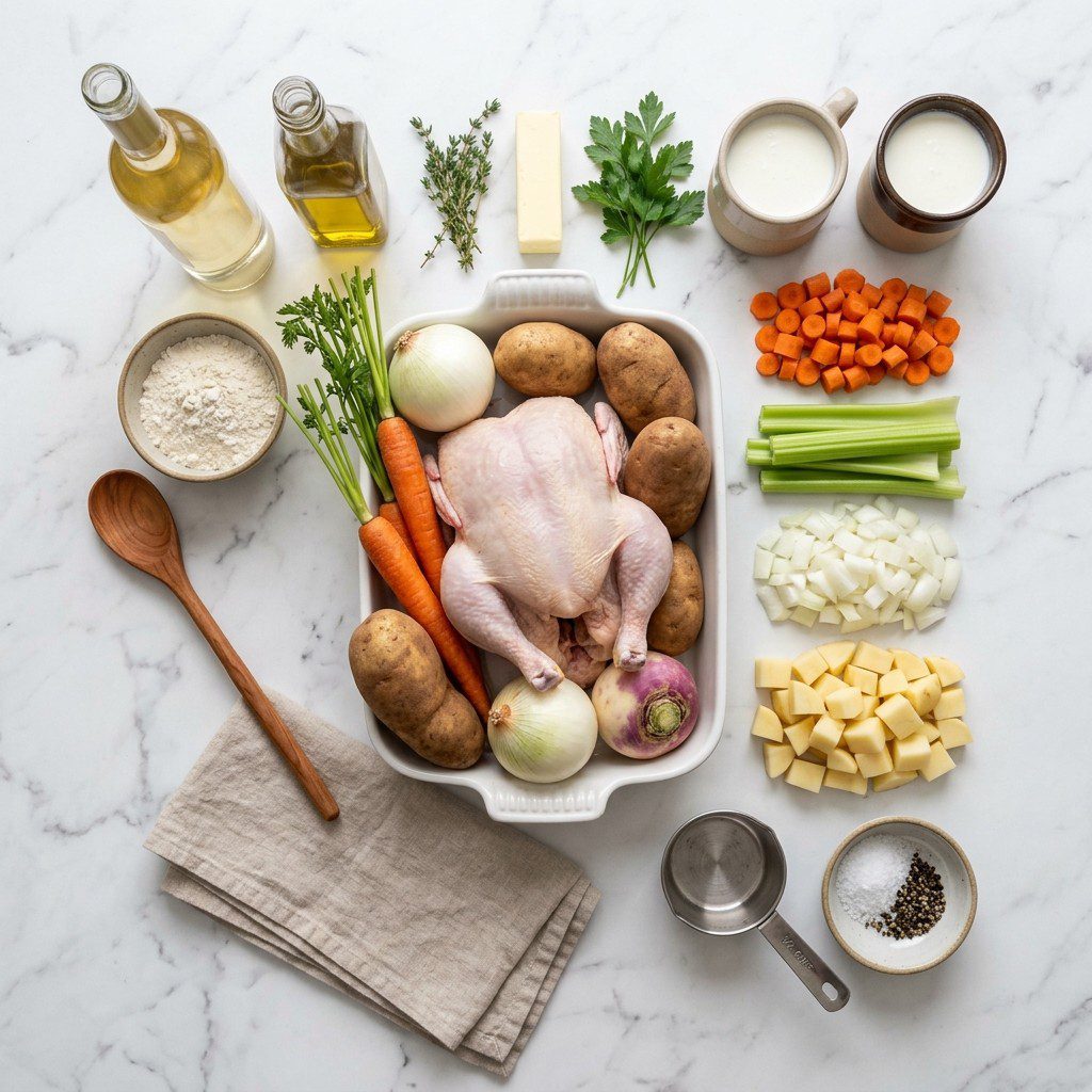 A fresh kitchen scene displaying the raw ingredients prepared for cooking Chicken ‘n Dumplin’s.