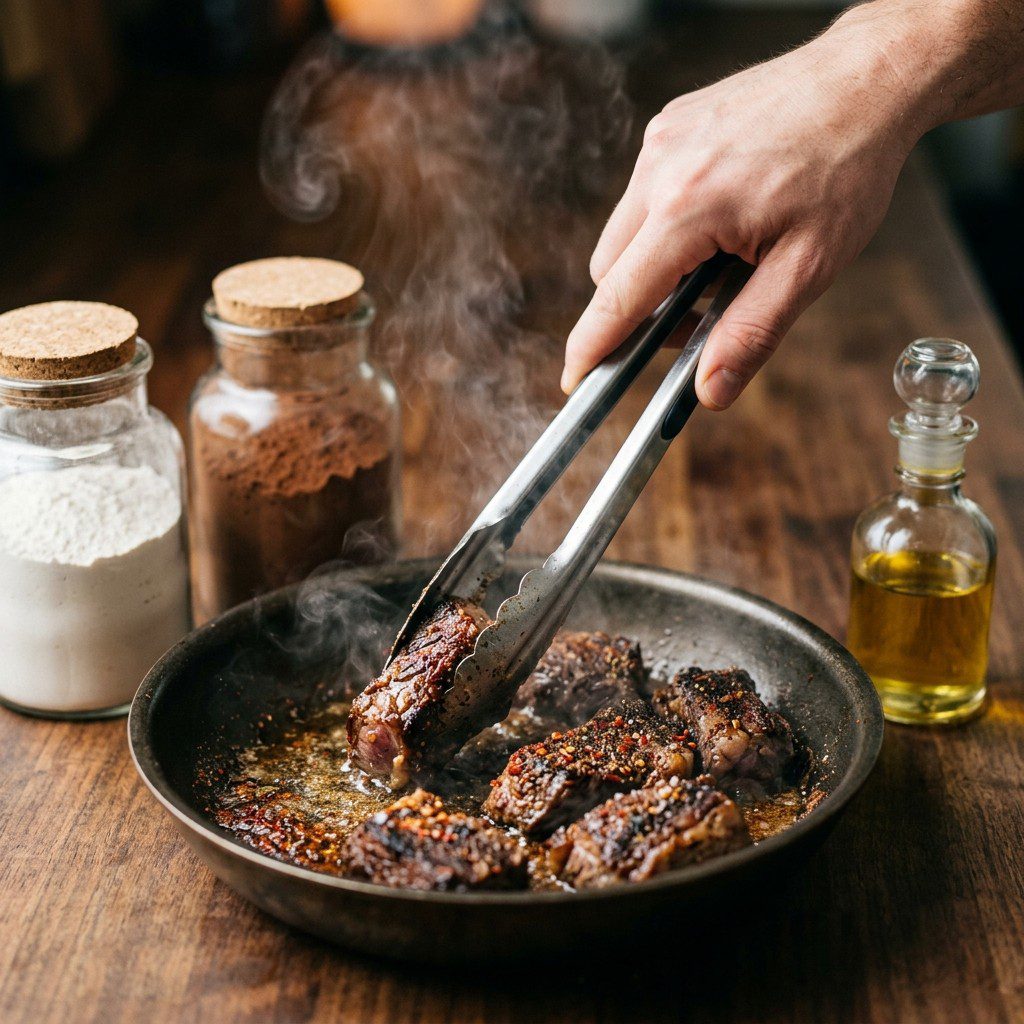 An active cooking step capturing the preparation and assembly of Cocoa Spiced Beef Stew over Chipotle Sweet Potato Mash in the kitchen.