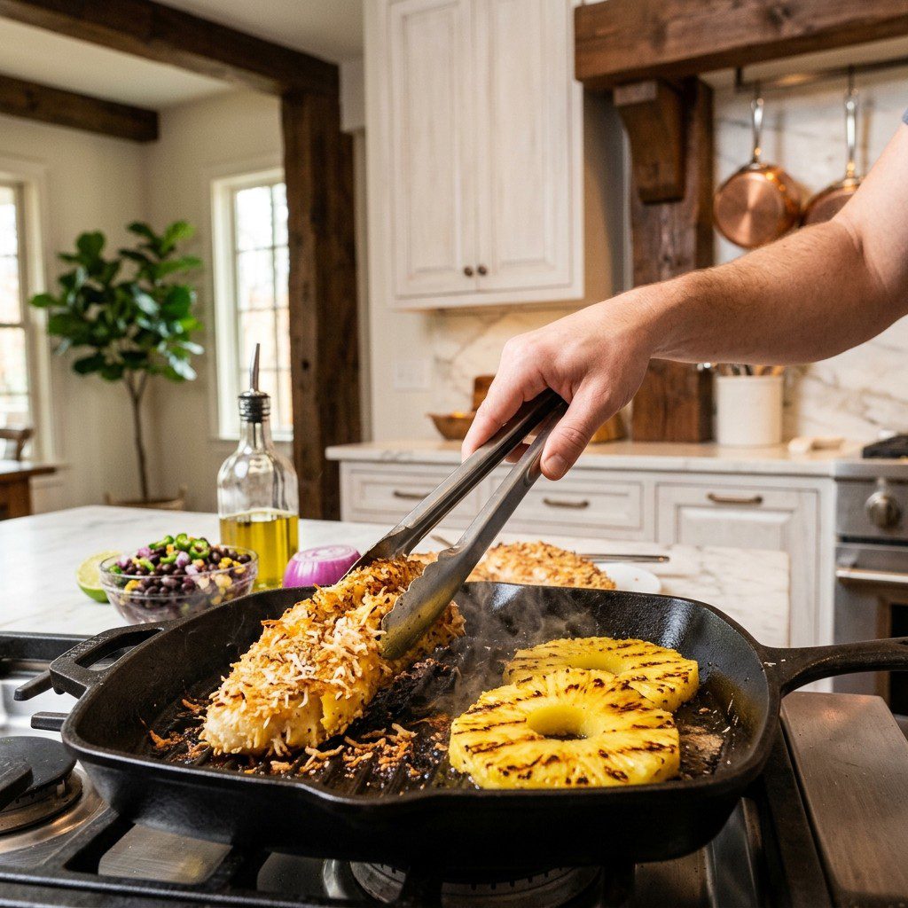 Home cook prepared steps for assembling and cooking Coconut Crusted Tilapia with Grilled Pineapple and Black Bean Salsa.