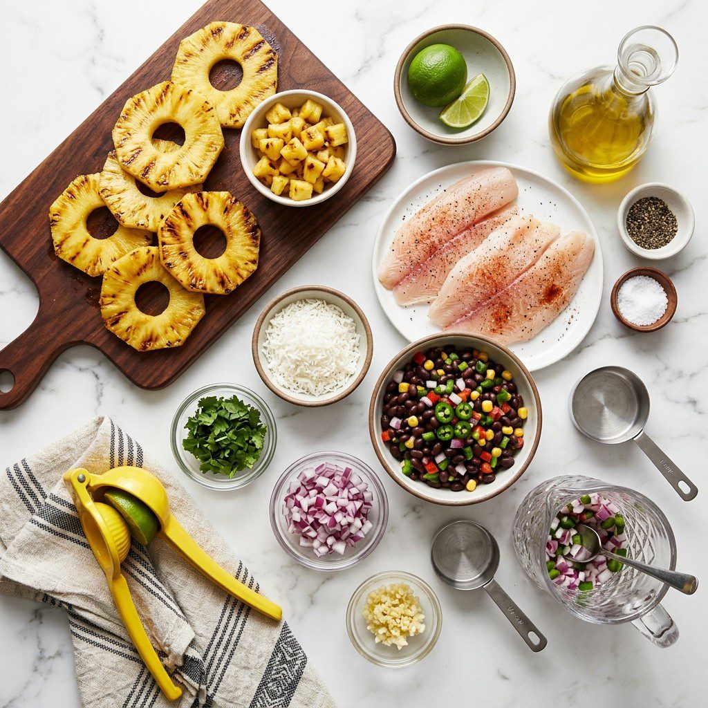 Raw cooking ingredients for Coconut Crusted Tilapia with Grilled Pineapple and Black Bean Salsa arranged beautifully on a clean kitchen counter.