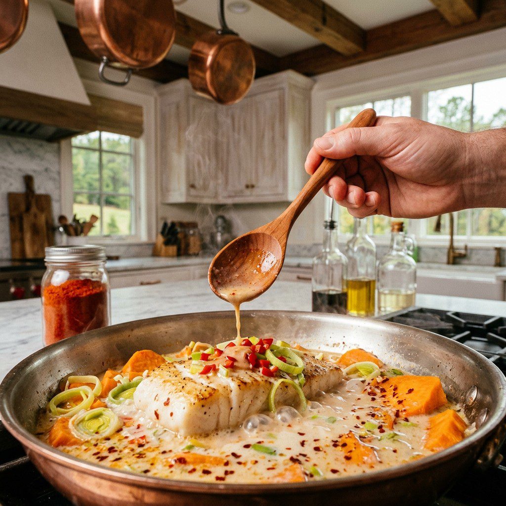 Home cook prepared steps for assembling and cooking Cod and Chili-Infused Sweet Potato in a Coconut-Leek Milk Broth.