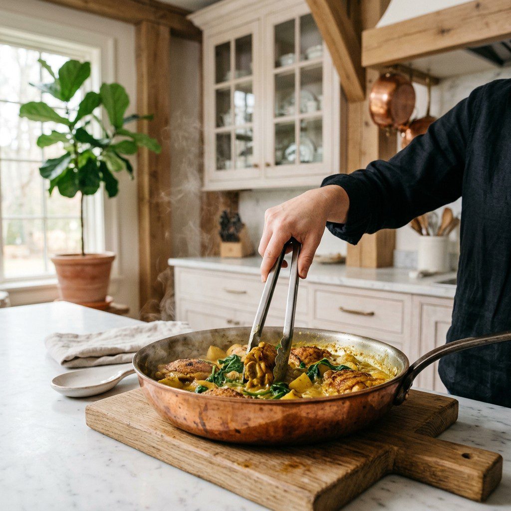 An active cooking step capturing the preparation and assembly of Curried Chicken Thighs with Potatoes and Spinach in the kitchen.