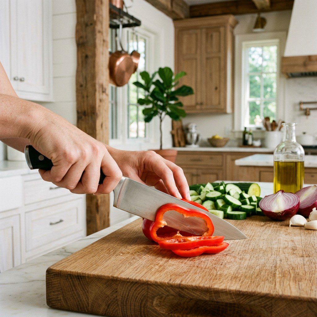 An active cooking step capturing the preparation and assembly of Easy Classic Gazpacho in the kitchen.