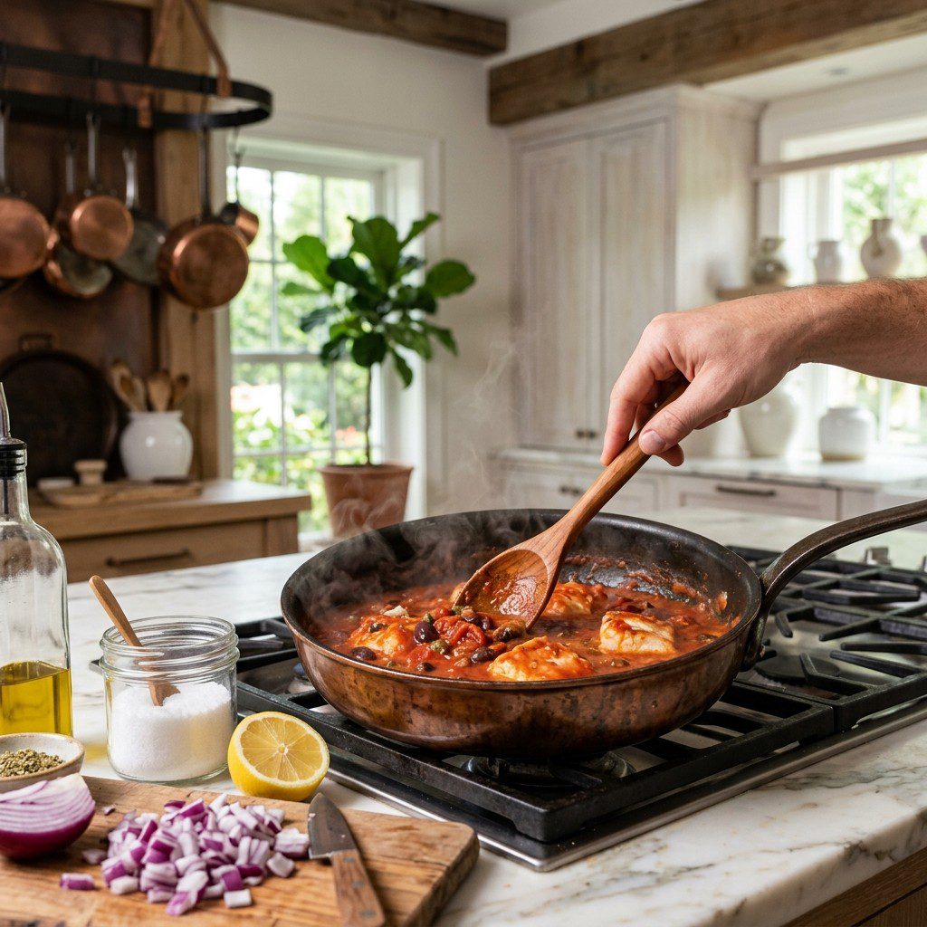 Home cook prepared steps for assembling and cooking Fresh Fish of the Day in Puttanesca Sauce.