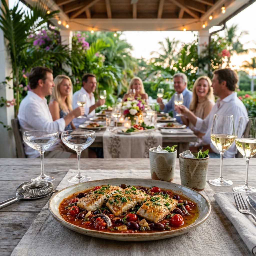 An appetizing, fresh serving of cooked Fresh Fish of the Day in Puttanesca Sauce displayed beautifully on a styled dining table.