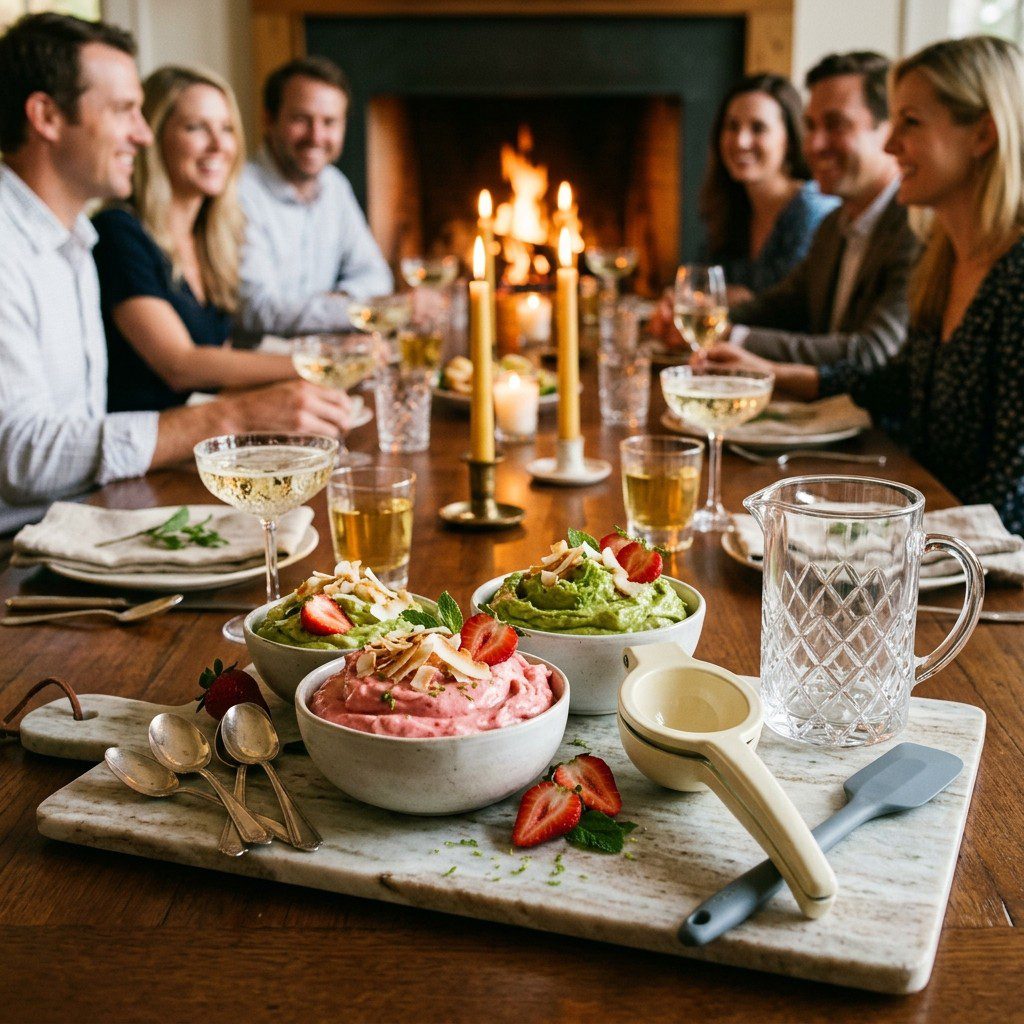 An appetizing, fresh serving of cooked Frozen Strawberry and Avocado Cream with Coconut displayed beautifully on a styled dining table.
