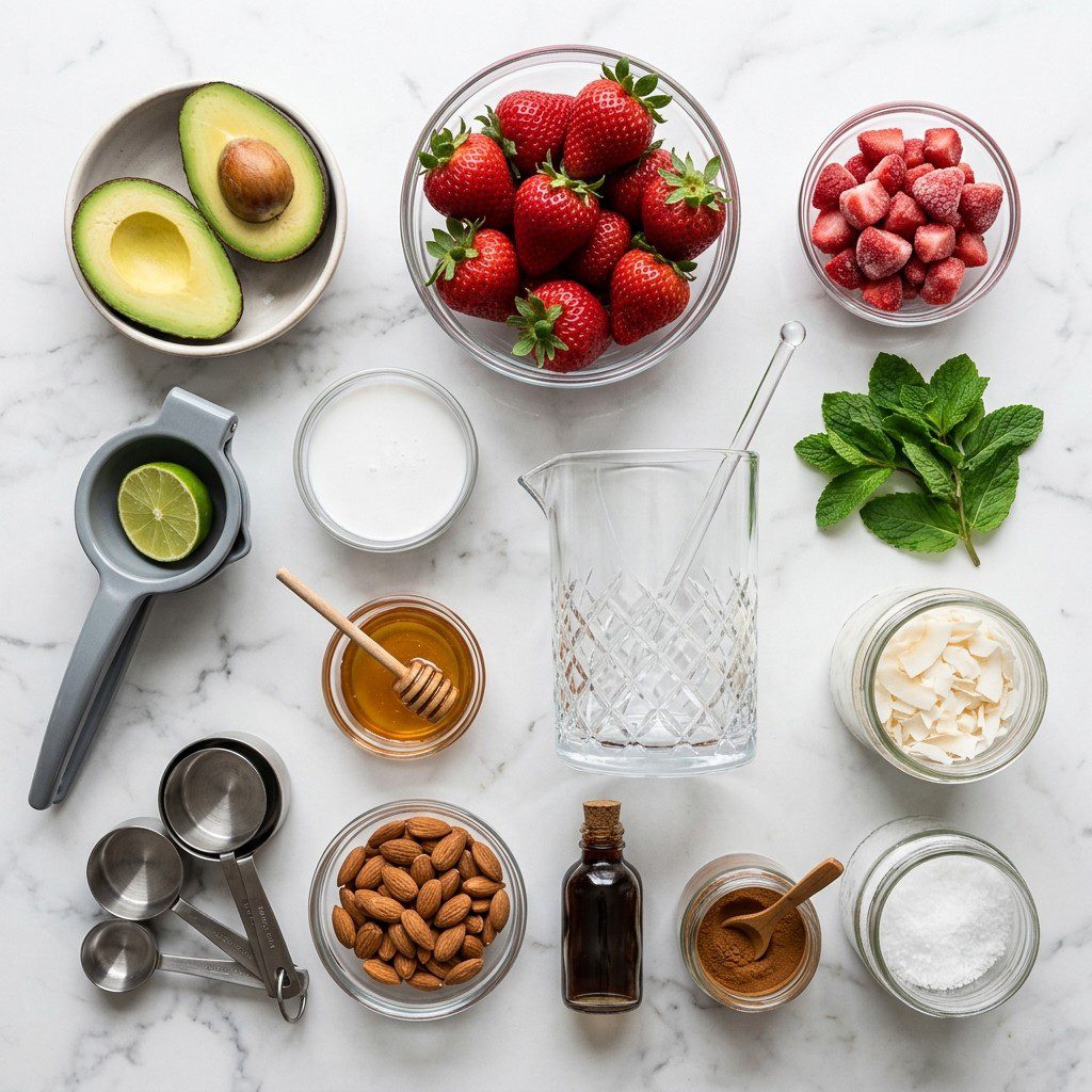 Raw cooking ingredients for Frozen Strawberry and Avocado Cream with Coconut arranged beautifully on a clean kitchen counter.