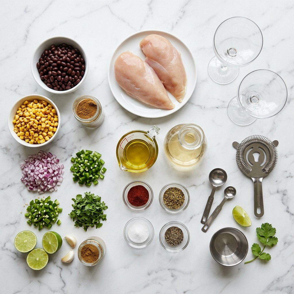 Raw cooking ingredients for Grilled Lime-Chili Chicken over Black Bean and Toasted Corn Salsa arranged beautifully on a clean kitchen counter.