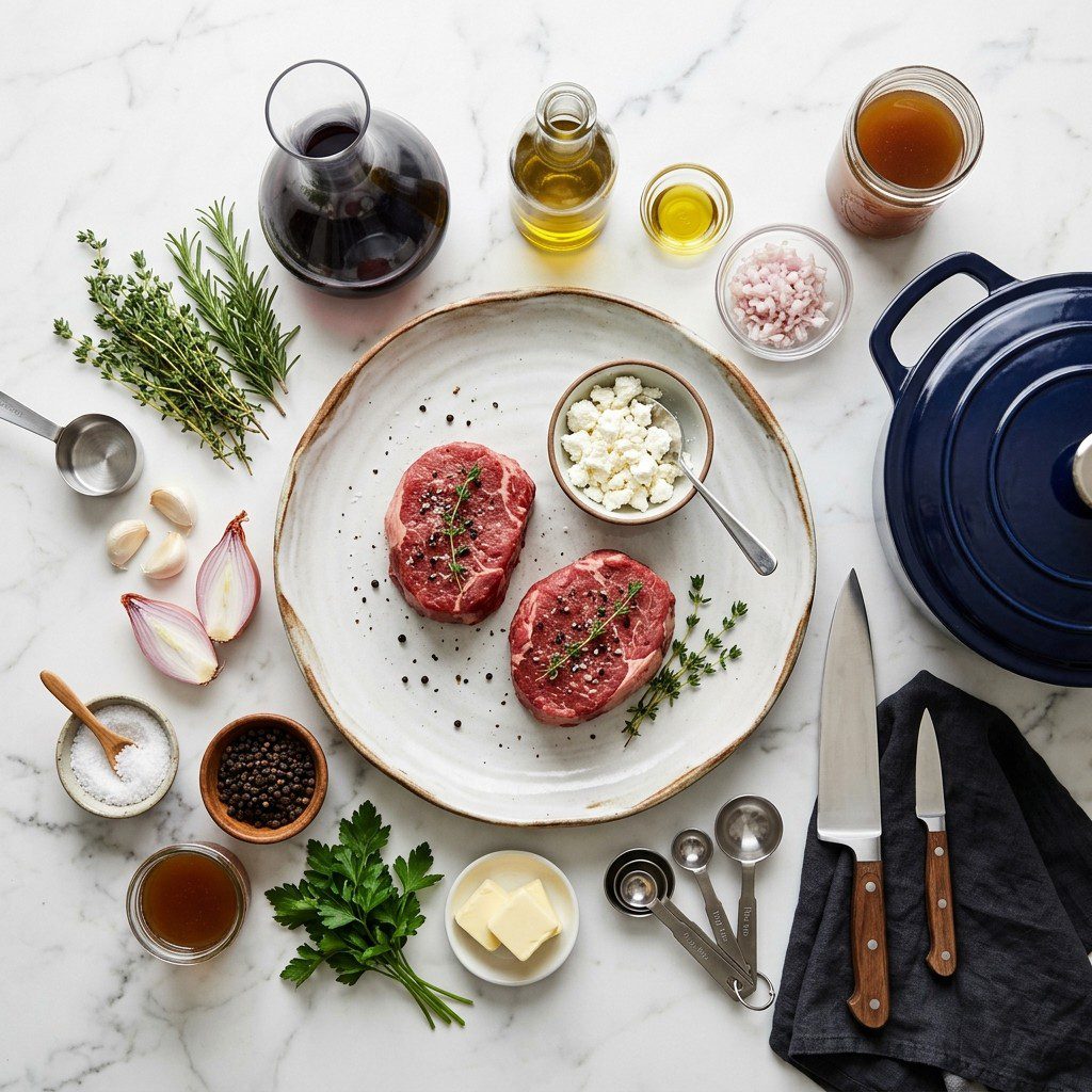 A fresh kitchen scene displaying the raw ingredients prepared for cooking Grilled Tenderloin Steaks with Goat Cheese and Red Wine Reduction.