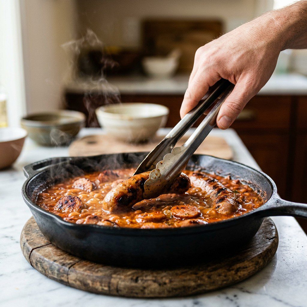 An active cooking step capturing the preparation and assembly of Hot n’ Spicy Pressure Cooker Beans and Grilled Turkey Sausage in the kitchen.