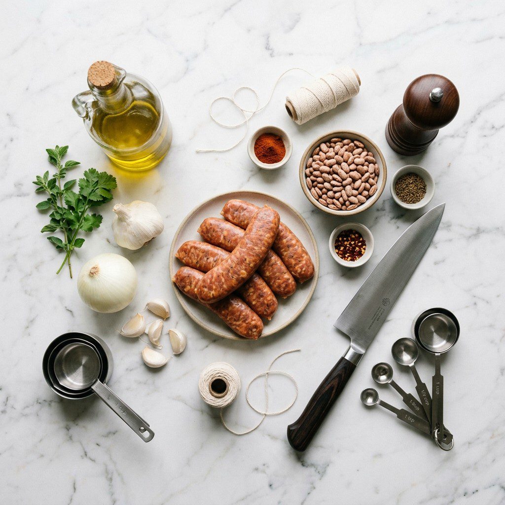 A fresh kitchen scene displaying the raw ingredients prepared for cooking Hot n’ Spicy Pressure Cooker Beans and Grilled Turkey Sausage.