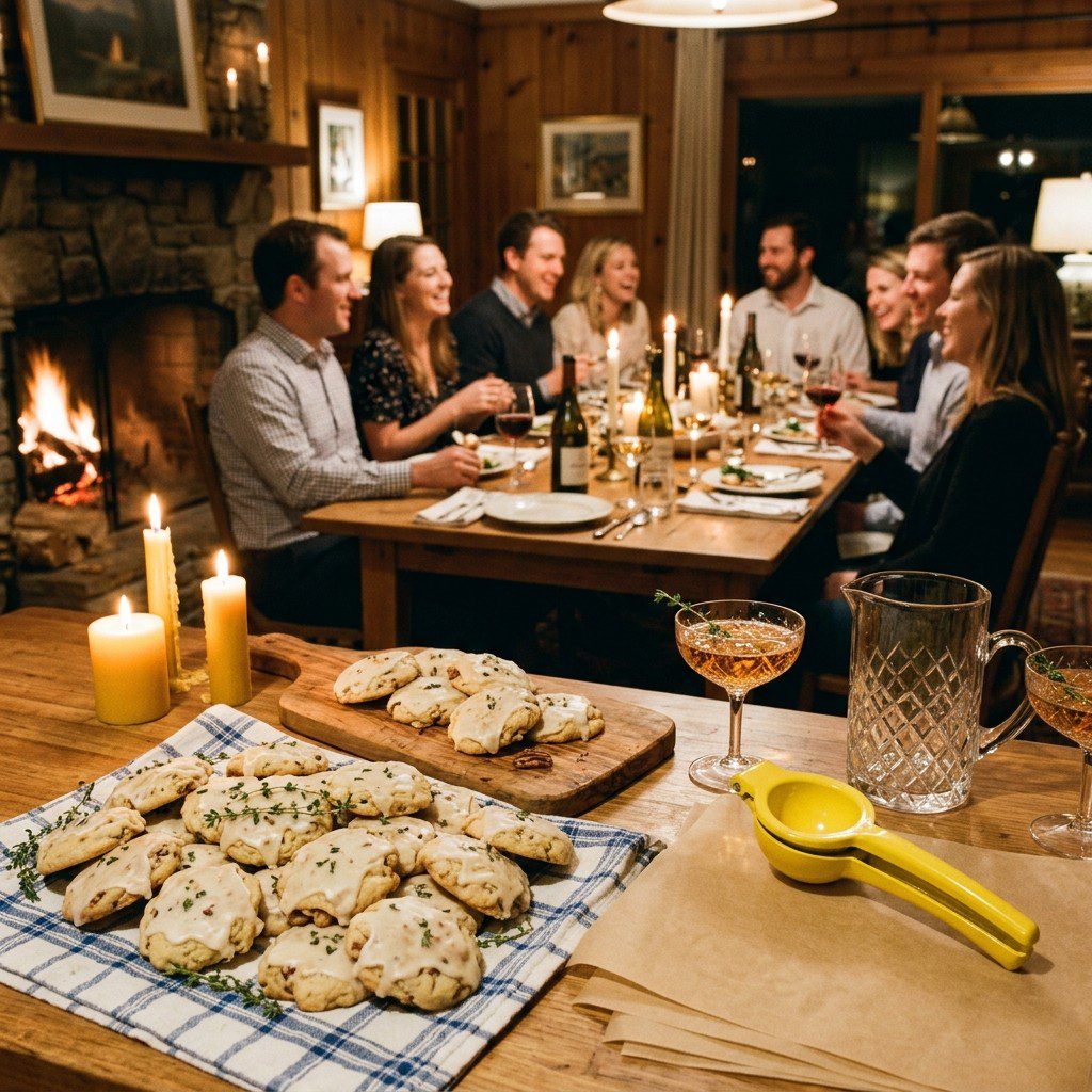 An appetizing, fresh serving of cooked Iced Thyme-Lemon Pecan Sandies displayed beautifully on a styled dining table.
