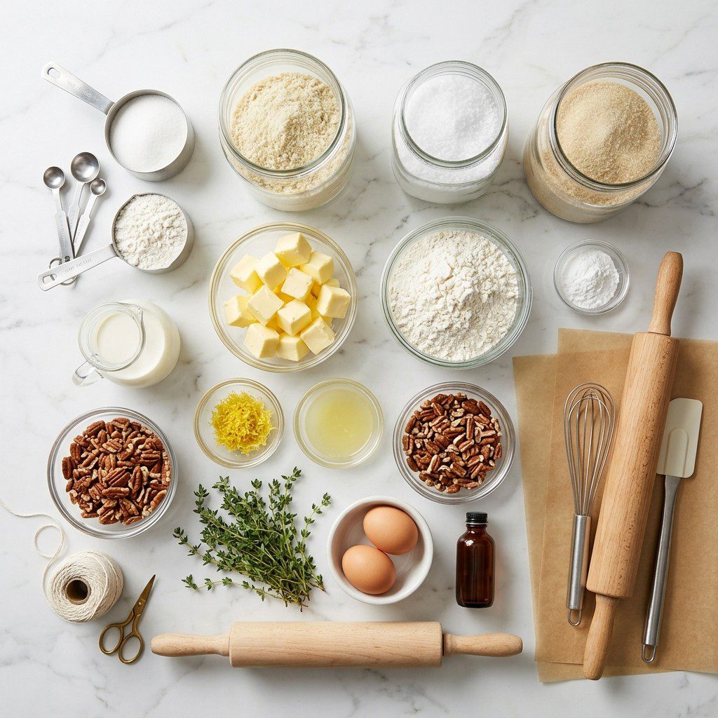 Raw cooking ingredients for Iced Thyme-Lemon Pecan Sandies arranged beautifully on a clean kitchen counter.