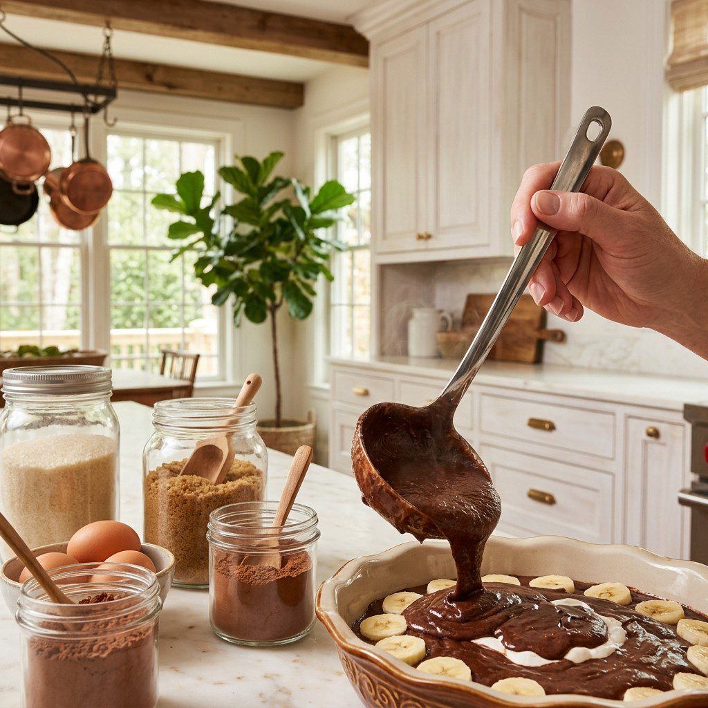 Home cook prepared steps for assembling and cooking Layered Banana Split Brownies.
