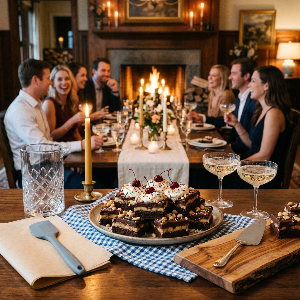 An appetizing, fresh serving of cooked Layered Banana Split Brownies displayed beautifully on a styled dining table.