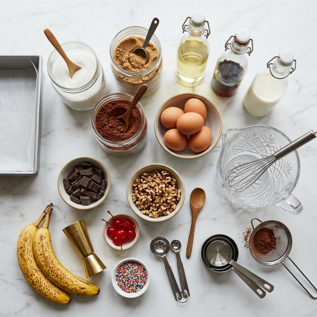 Raw cooking ingredients for Layered Banana Split Brownies arranged beautifully on a clean kitchen counter.