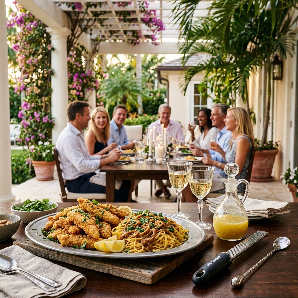 An appetizing, fresh serving of cooked Lemony Chicken Fingers with a Side of Spaghetti Squash in Peanut Sauce displayed beautifully on a styled dining table.