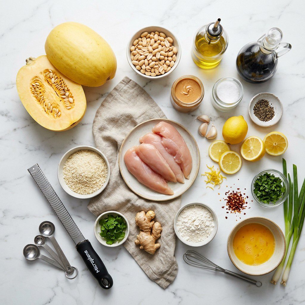 Raw cooking ingredients for Lemony Chicken Fingers with a Side of Spaghetti Squash in Peanut Sauce arranged beautifully on a clean kitchen counter.