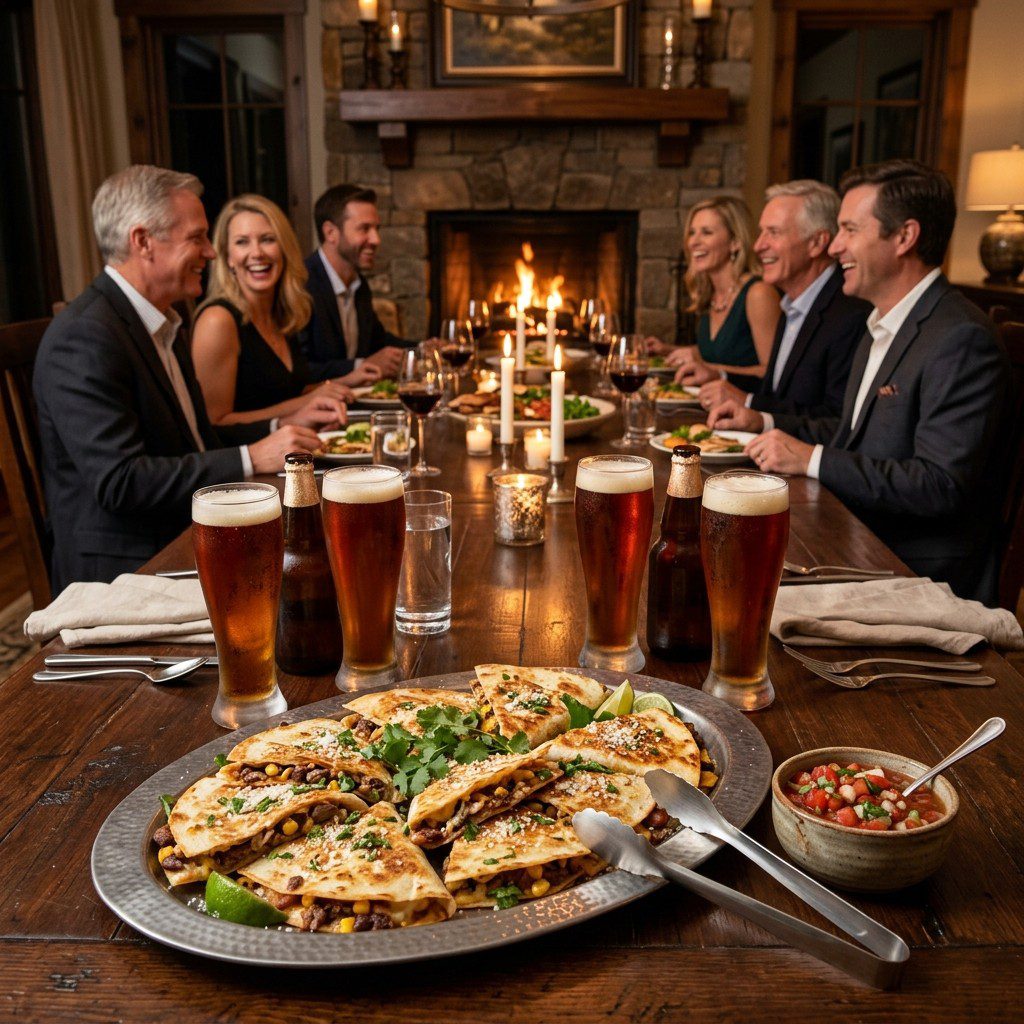 A gorgeous single-view lifestyle photo of freshly prepared Navy Bean, Beef and Toasted Corn Quesadillas.