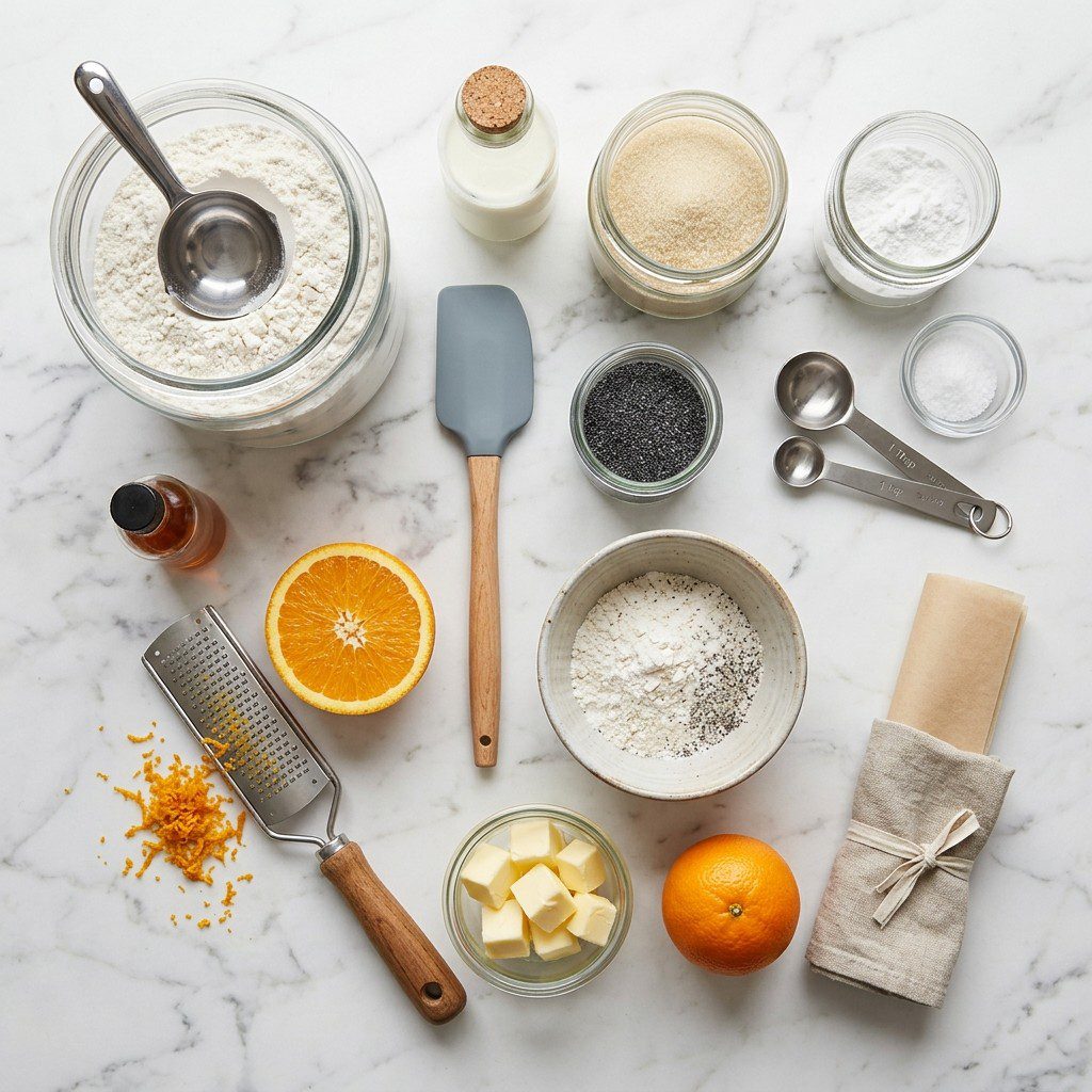 Raw cooking ingredients for Orange Poppy Seed Scones arranged beautifully on a clean kitchen counter.