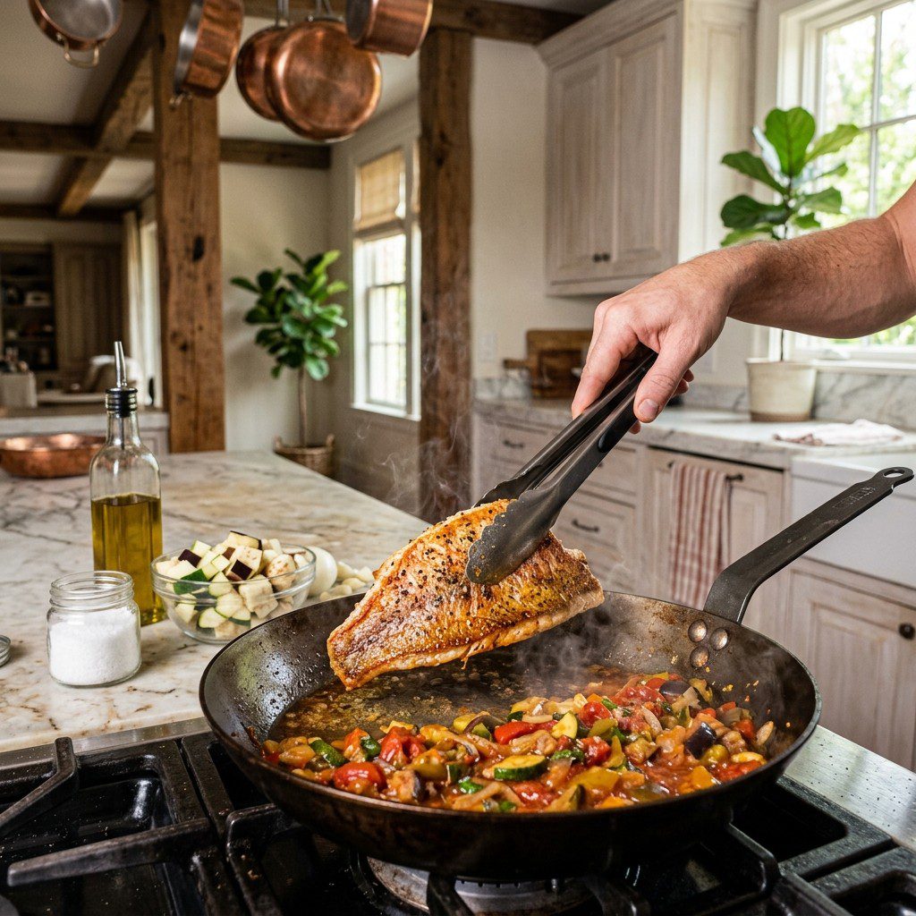 Home cook prepared steps for assembling and cooking Pan Seared Snapper over Ratatouille with Lemon Caper Sauce.