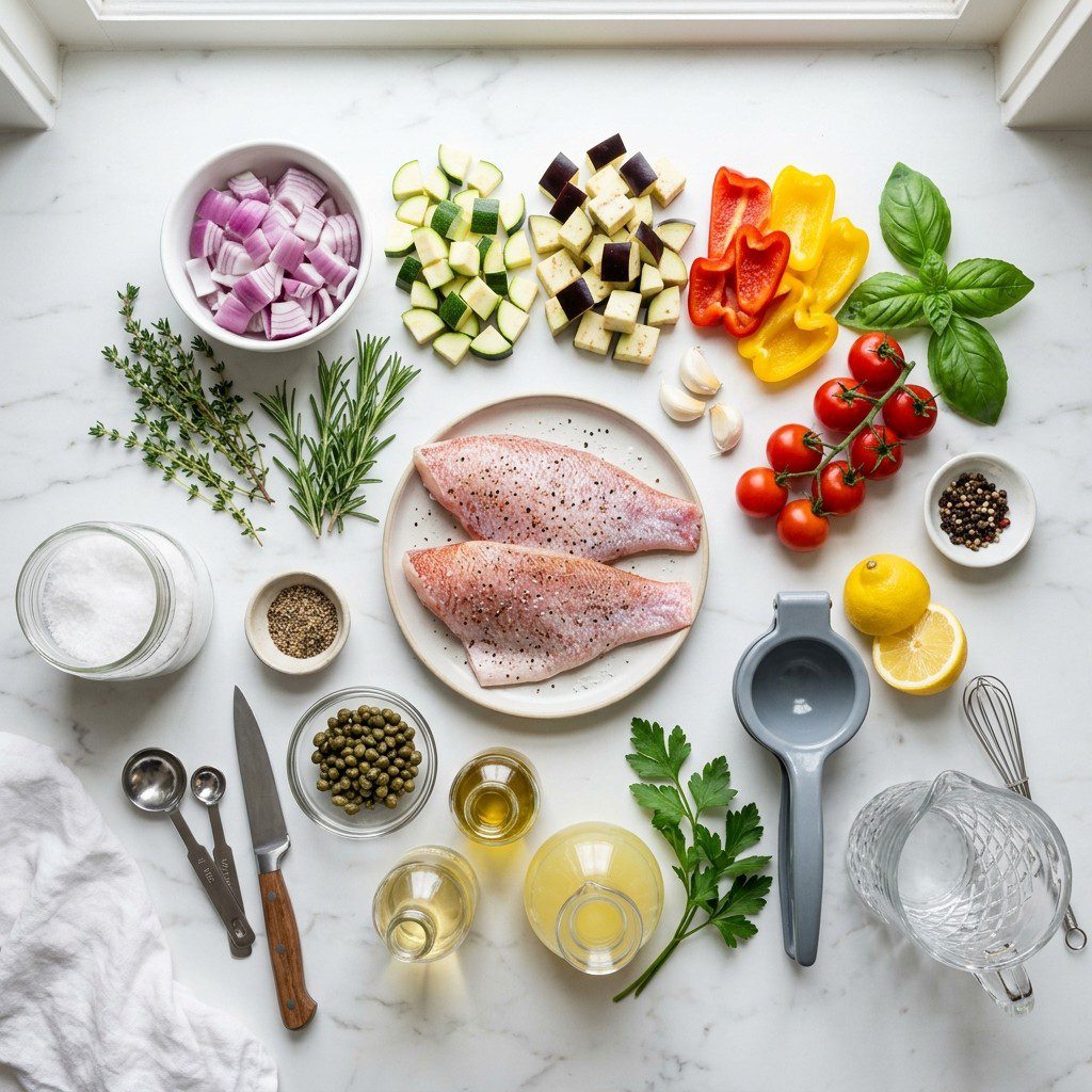 Raw cooking ingredients for Pan Seared Snapper over Ratatouille with Lemon Caper Sauce arranged beautifully on a clean kitchen counter.