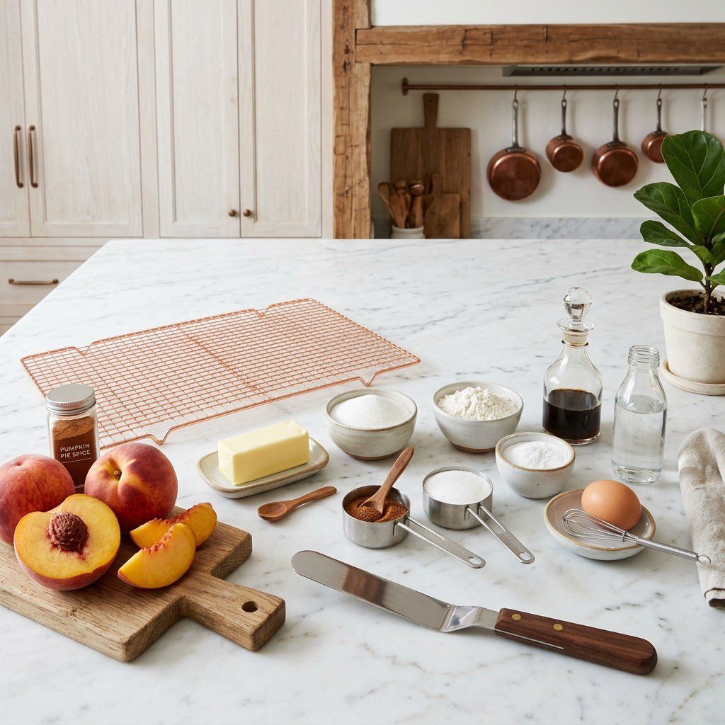 A fresh kitchen scene displaying the raw ingredients prepared for cooking Peach Turnovers.