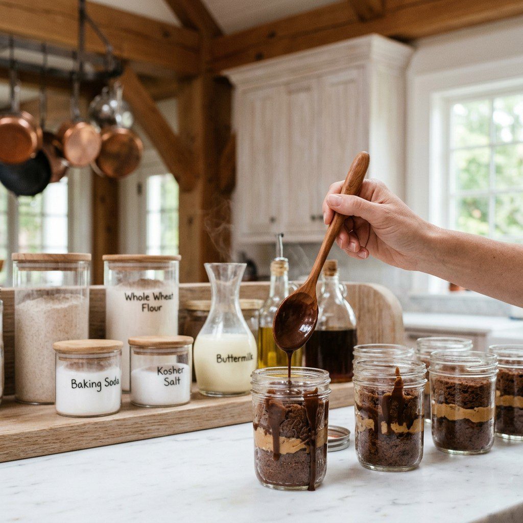 Home cook prepared steps for assembling and cooking Peanut Butter and Mocha Cake in Mini-Mason Jars.